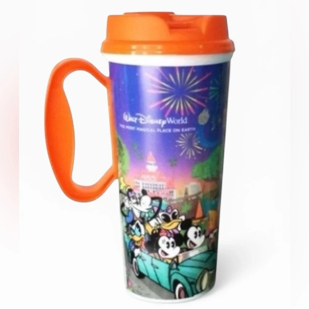 Disney Parks 16 oz Refillable Resort Mug Orange Lid with Full Wrap Characters